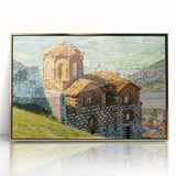 Art deco poster of an Albanian landscape in gold acrylic frame, suitable for modern nursery decor.