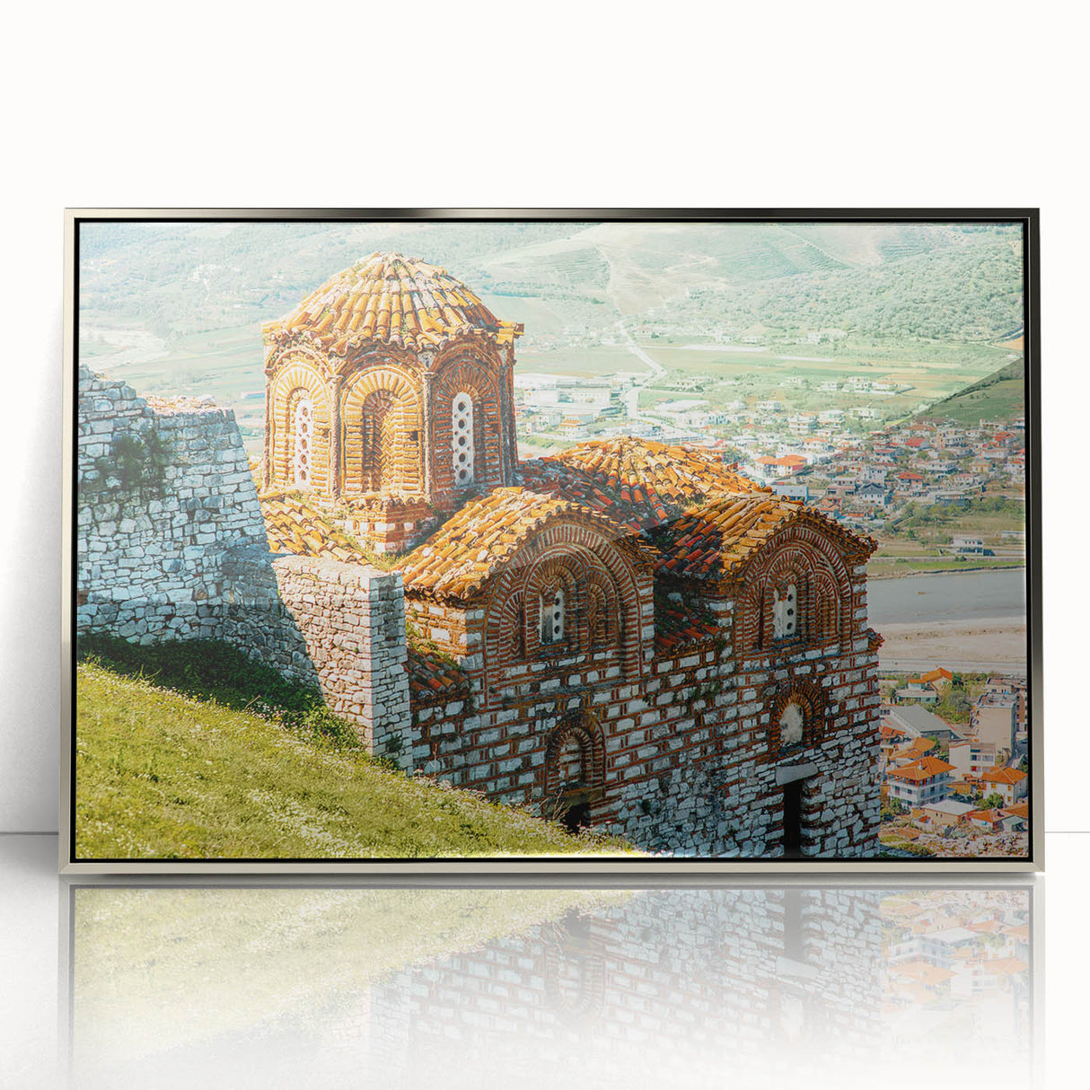 Framed acrylic print of a European Albanian scenery in muted earth tones, ideal for modern art wall decor.