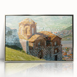 Framed acrylic print of a European Albanian scenery in muted earth tones, ideal for modern art wall decor.