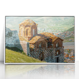 Mid-century modernist art depicting an Albanian landscape in muted earth tones on a framed acrylic poster.