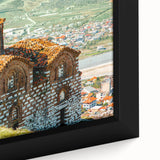 Extra large framed canvas featuring a textured, colorful European scenery, ideal for living room decor.