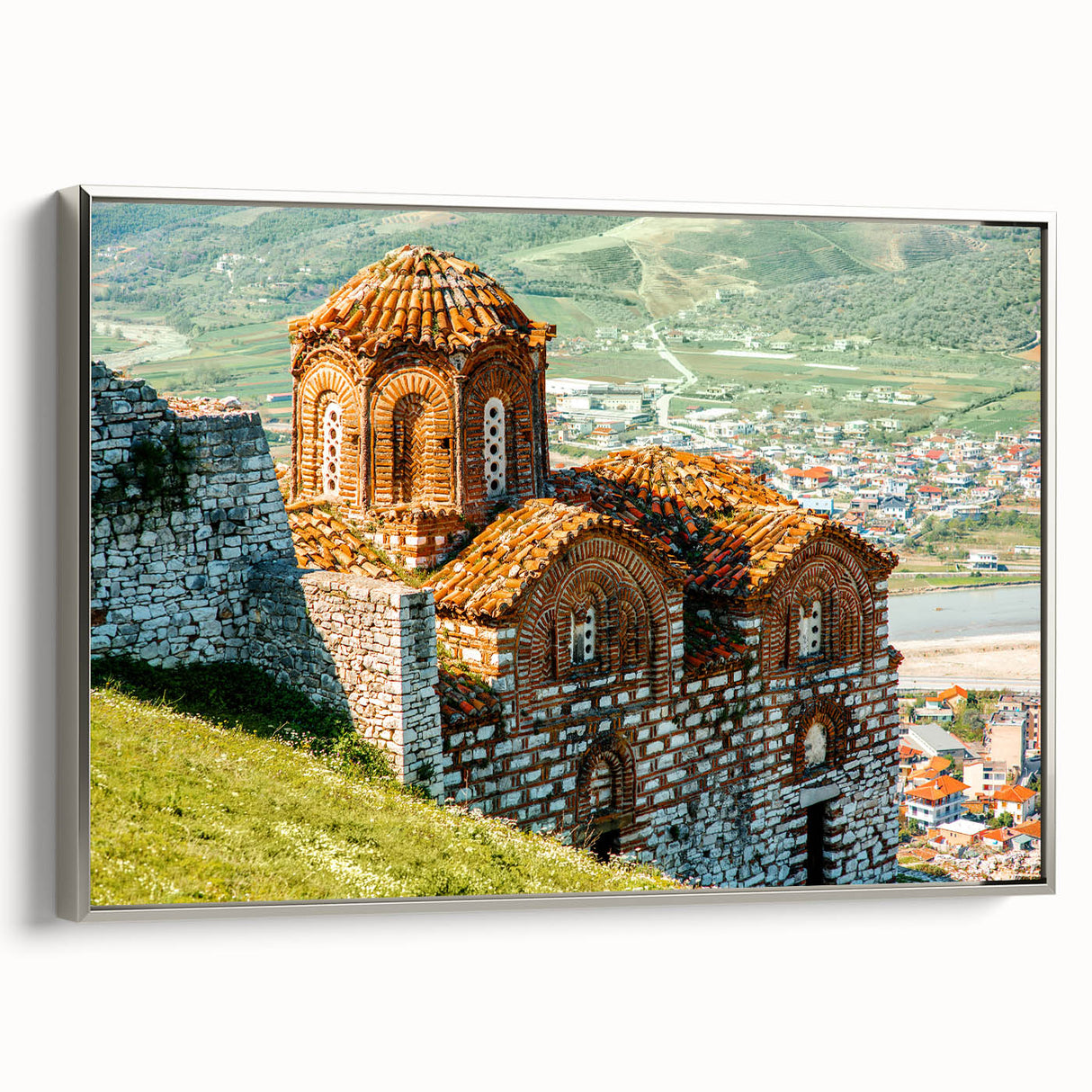 Framed canvas depicting a vintage-style Albanian landscape with vibrant colors and black accents.