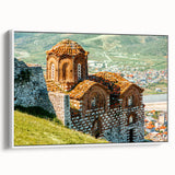 Vintage poster art of an Albanian landscape on a framed canvas, featuring colorful art in extra large format.
