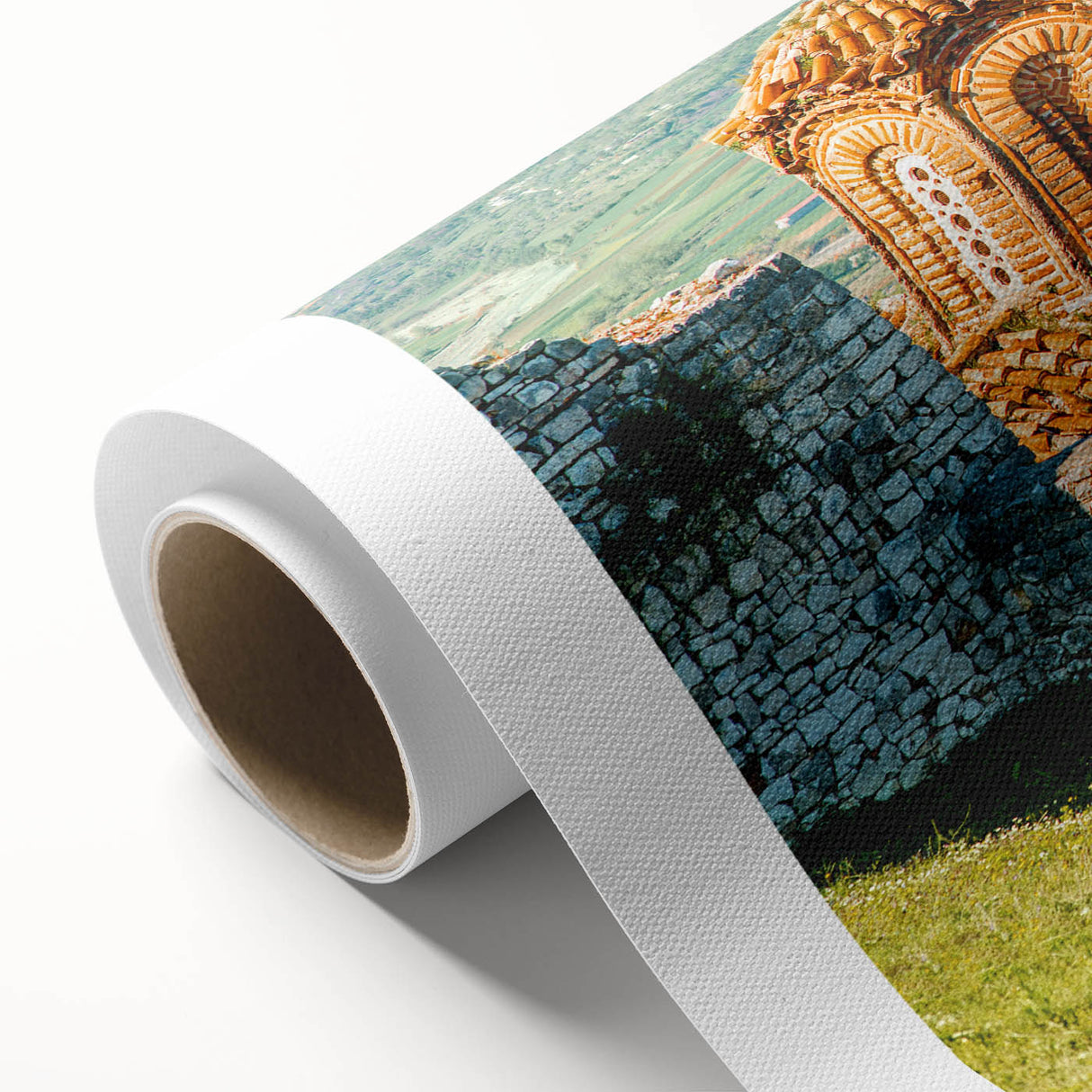 Art Deco poster of an Albanian landscape in muted greens and blues, rolled canvas, ideal for nursery wall art.