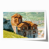 Rolled print of an Albanian landscape with vibrant green fields and distant mountains, ideal for art wall dining room.