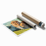 Extra large rolled print of a European scenery with floral elements in soft pastel shades.