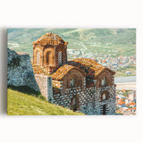 Black and white photograph of a European cityscape on stretched canvas, ideal for kitchen wall art.