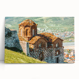 Black and white photograph of a European scenery on a large stretched canvas, ideal for kitchen wall art.