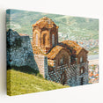 Large art on stretched canvas featuring a scenic European Albanian landscape in natural green and blue tones.