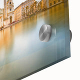 Large abstract wall art depicting a European scenery in muted earth tones on acrylic glass, ideal for dining room ambiance.