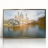 Art Deco poster of a scenic European landscape in muted gold and blue tones, acrylic framed, ideal for nursery wall art.