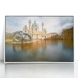 Mid-century modernist art depicting a serene Austrian landscape in muted earth tones, acrylic print framed in white.