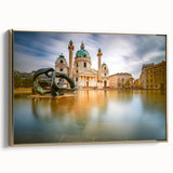 Vintage poster art of a European landscape on a framed canvas, featuring vibrant colors, ideal for living room decor.
