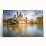 Black and white photograph of a European street scene on a stretched canvas, ideal for kitchen wall art.