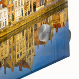 Mid-century modernist abstract depiction of a European scenery in muted earth tones on large acrylic glass.