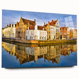 Large abstract depiction of a European scenery in muted earth tones on acrylic glass.