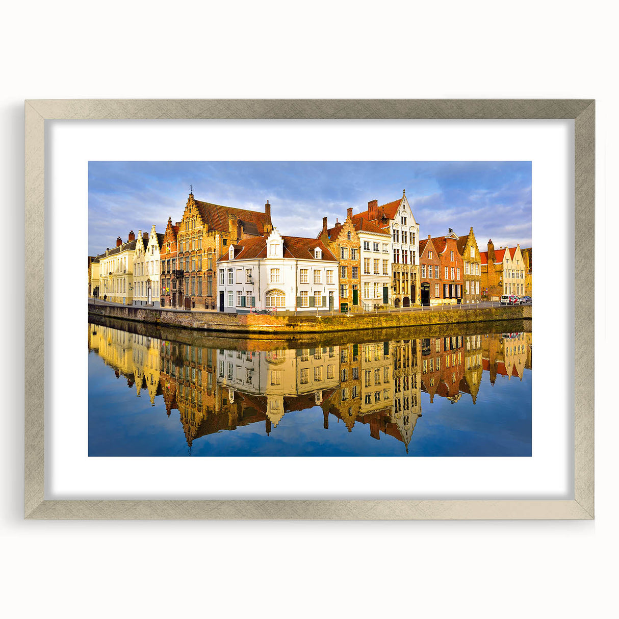 Extra large abstract art print of a textured European scenery in muted earth tones, framed with a silver mat.