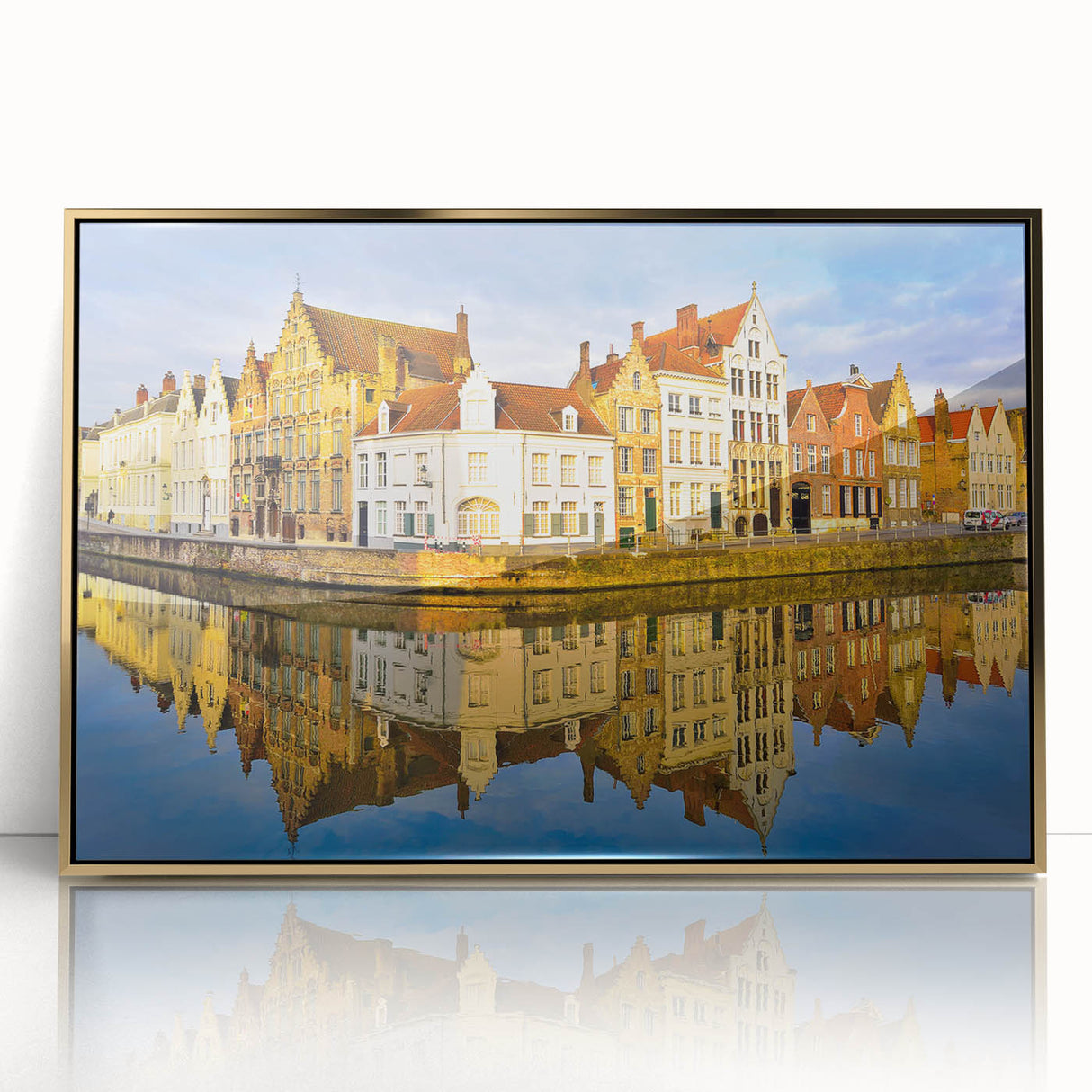 Art deco poster depicting a serene Belgian landscape in muted gold tones, framed acrylic.