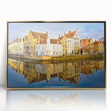 Art deco poster depicting a serene Belgian landscape in muted gold tones, framed acrylic.