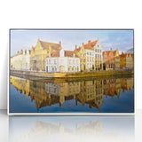 Mid-century modernist art featuring a serene European landscape in muted earth tones on a framed acrylic print.