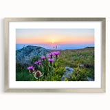 Extra large abstract art print of a textured European scenery in muted earth tones, framed in silver.