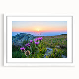 Textured abstract art print of a European scenery in muted earth tones, framed with a white mat.