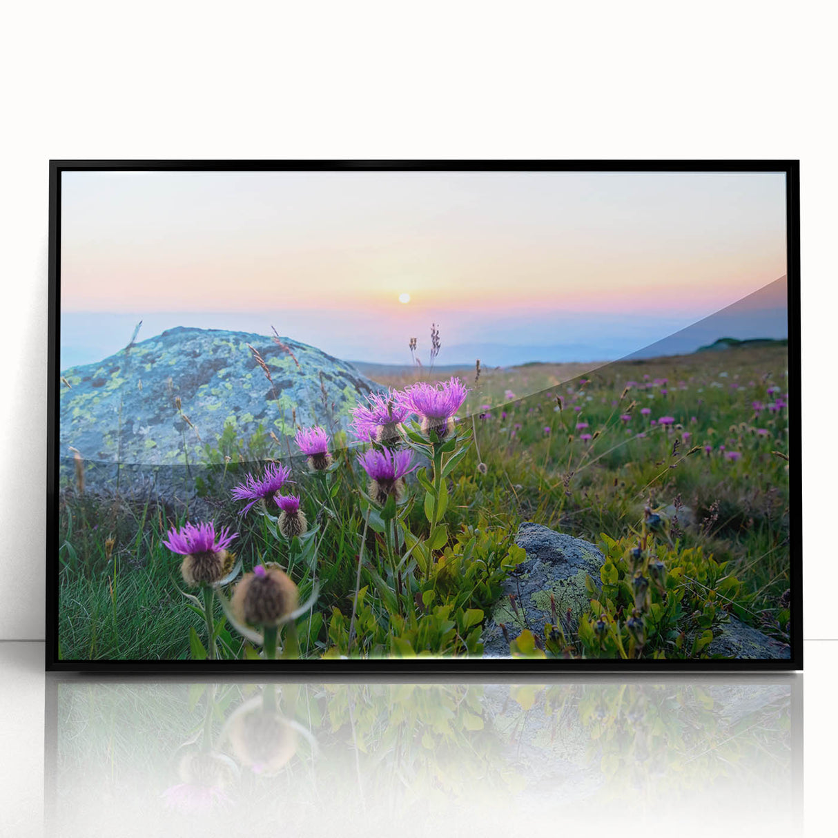 Large abstract wall art featuring a mid-century modernist Bulgarian landscape in acrylic, framed in black.