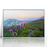 Mid-century modernist art depicting a serene Bulgarian landscape in pastel shades on a framed acrylic.