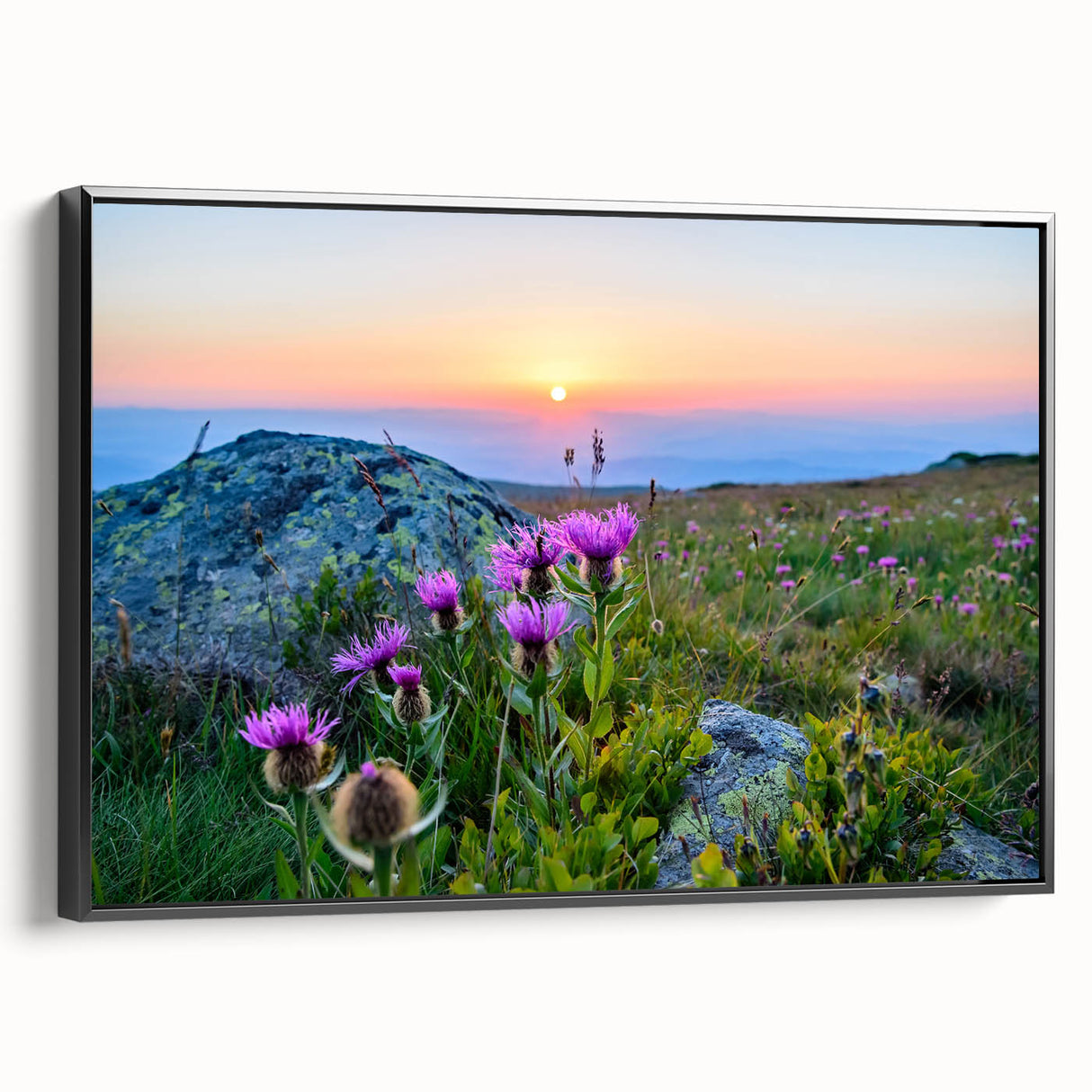 Black and white framed canvas depicting a vintage Bulgarian landscape, ideal for bedroom wall art.