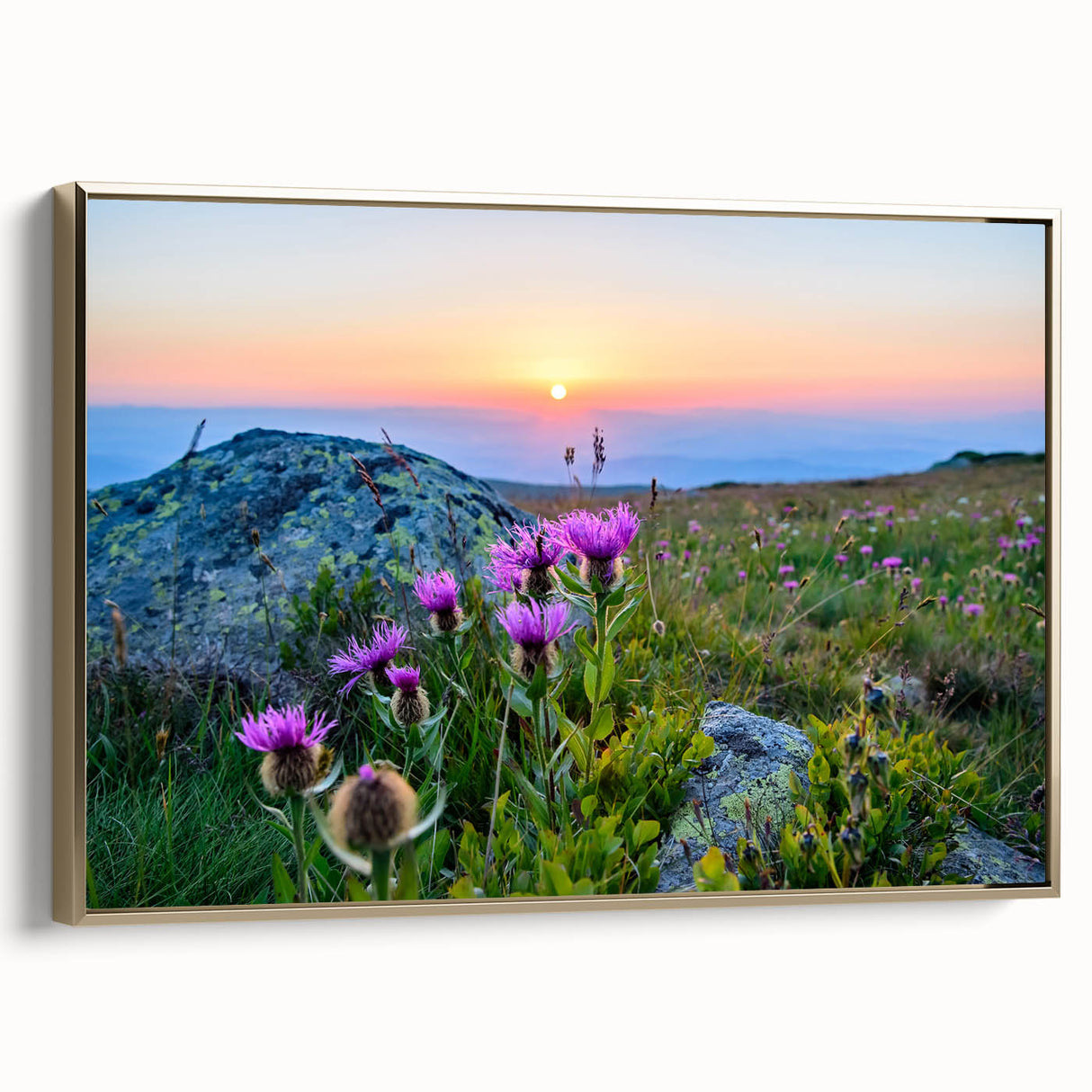 Framed canvas depicting a vintage-style Bulgarian landscape in muted gold and black tones, ideal for bedroom wall art.