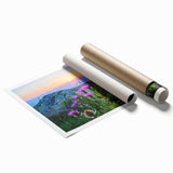 Extra large rolled print of a Bulgarian landscape featuring vibrant floral foreground and distant hills.