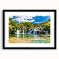 Extra large colorful abstract art print of a Croatian landscape, with textured details, in a black frame.