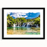 Extra large colorful abstract art print of a Croatian landscape, with textured details, in a black frame.