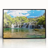 Large abstract wall art depicting a Croatian landscape in muted earth tones on a framed acrylic, suitable for modern decor.