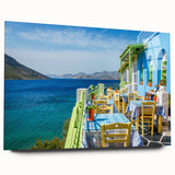 Large abstract wall art of a European Cyprus landscape in muted blue and green tones on acrylic glass.