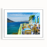 Textured abstract art print of a European Cyprus landscape in muted earth tones, framed with a white mat.