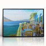 Large abstract wall art depicting a European Cyprus landscape in muted earth tones, framed in black acrylic.