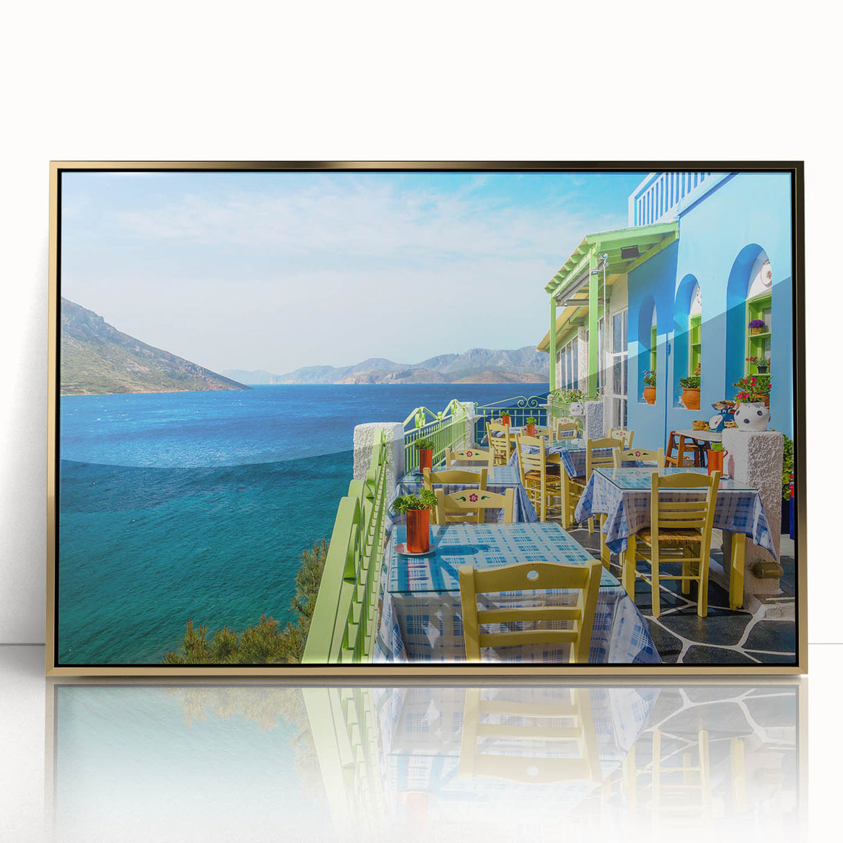 Art deco poster of a European Cyprus landscape in gold tones on framed acrylic.