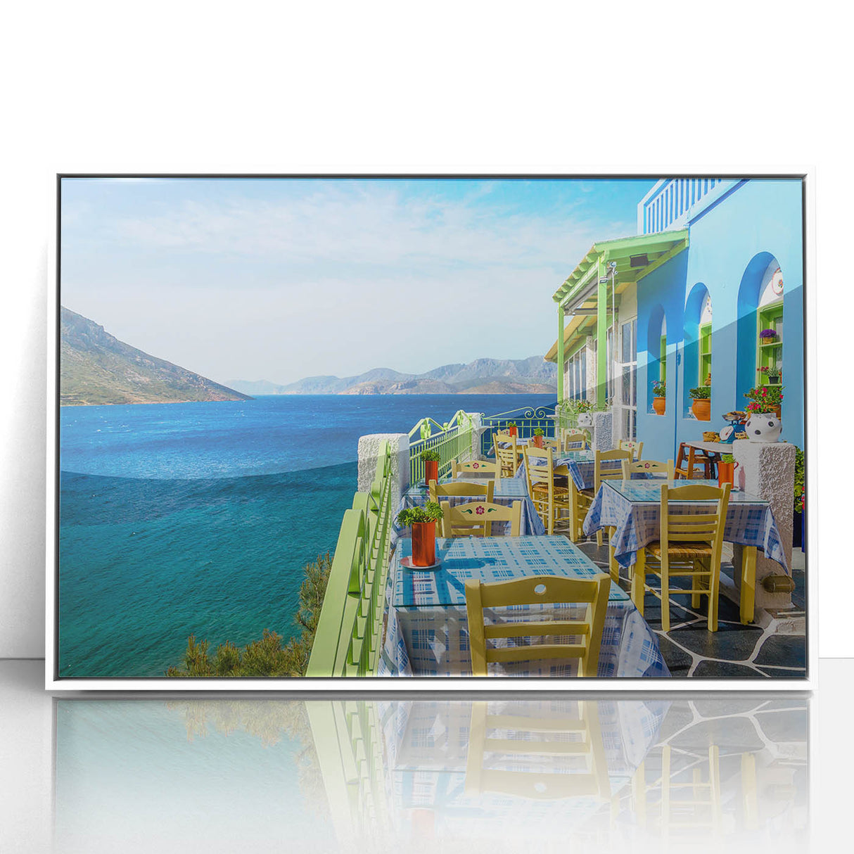 Mid-century modernist art depicting a scenic Cyprus landscape in muted earth tones on a framed acrylic.