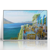 Mid-century modernist art depicting a scenic Cyprus landscape in muted earth tones on a framed acrylic.