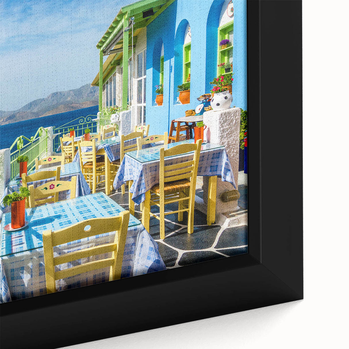 Extra large framed canvas featuring a textured depiction of a Cyprus landscape in black with colorful accents.