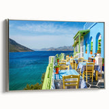 Landscape art painting of a European Cyprus scenery in vibrant colors on a framed canvas, suitable for living room decor.