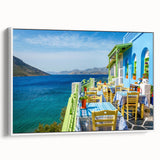 Vintage poster art of Cyprus scenery on extra large framed canvas, featuring colorful art on a black background.