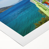 Art Deco-style poster of a European Cyprus landscape in muted earth tones on rolled canvas, suitable for dining room decor.