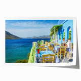 Rolled print of a Cyprus landscape with vibrant green and blue tones, ideal for art wall dining room decor.
