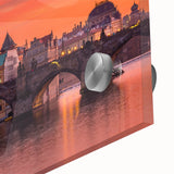 Large abstract depiction of Prague in muted colors on acrylic glass.