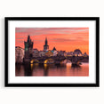 Colorful abstract art print of Prague scenery on a large textured canvas, ideal for living room decor.