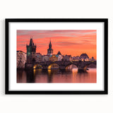 Colorful abstract art print of Prague scenery on a large textured canvas, ideal for living room decor.