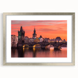 Extra large abstract art print of Prague scenery in textured style, using muted earth tones, framed with a silver mat.