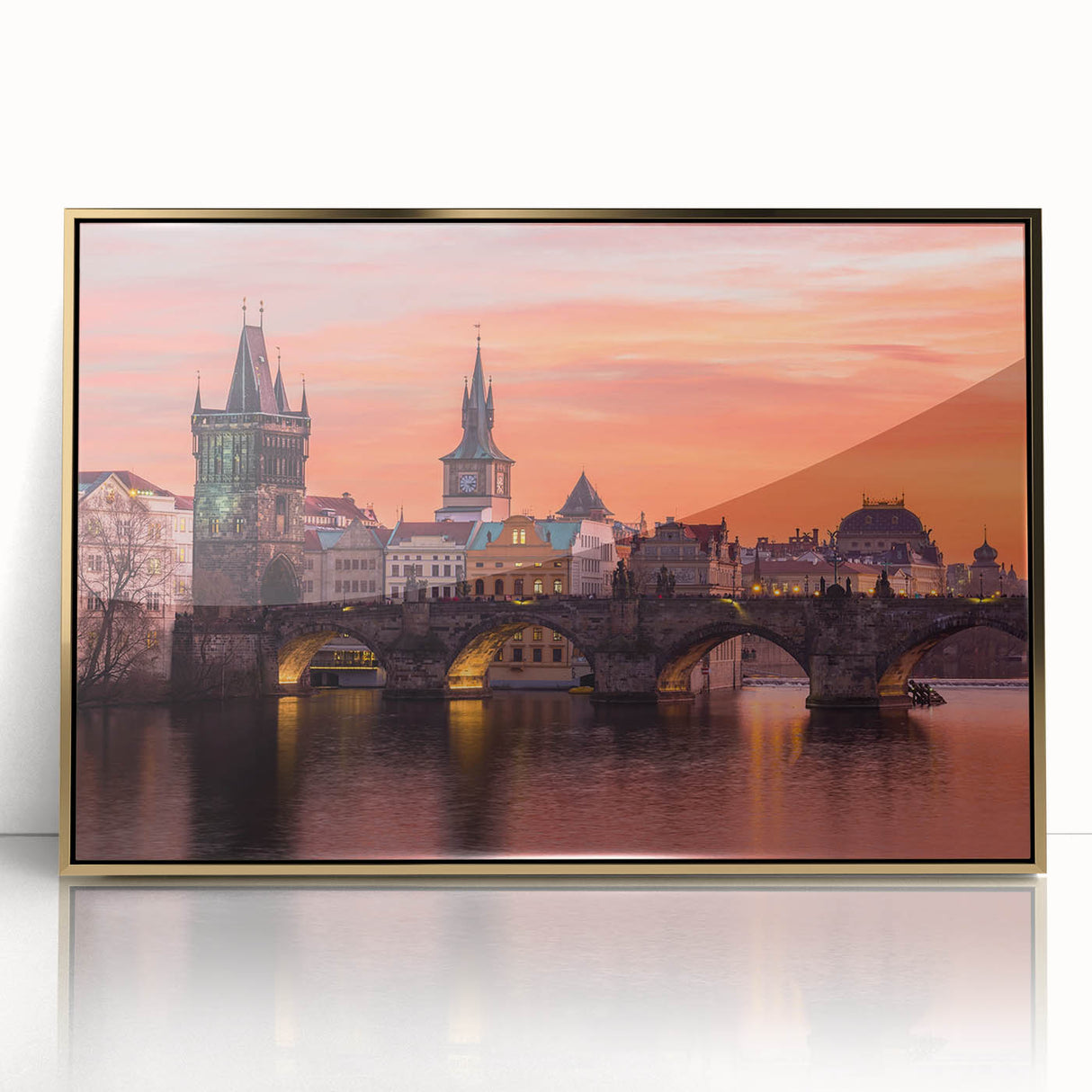Art deco poster of Prague scenery in muted gold and blue tones on acrylic, ideal for modern art wall decor.